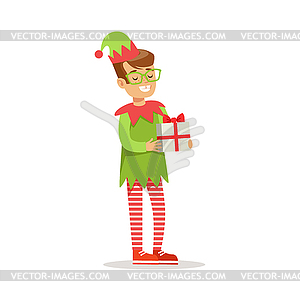 Boy in Glasses With Present Dressed As Santa Claus - vector image