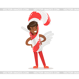 Boy In Candy Cane Stick Outfit Dressed As Winter - vector clip art