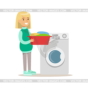 Girl Loading Washing Machine With Clothes Smiling - vector image