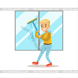 Boy Washing Windows With Squeegee Smiling Cartoon - vector EPS clipart