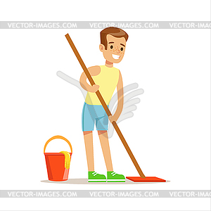 Boy Cleaning Floor With Mop Smiling Cartoon Kid - vector clip art