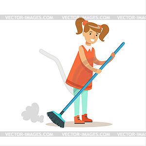 Grl Cleanning Floor Off Dust Smiling Cartoon Kid - vector clipart