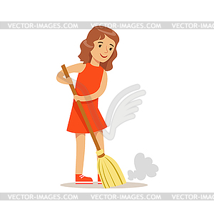 Girl Sweeping Floor With Broom Smiling Cartoon Kid - vector image
