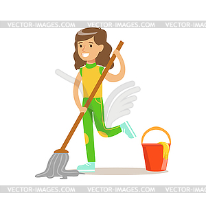 Girl Washing Floor With Mop And Water Smiling - vector EPS clipart