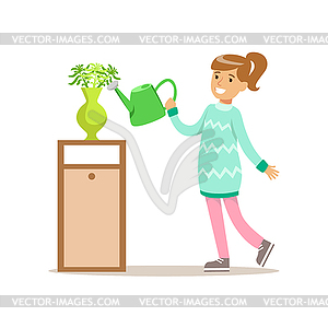 Girl Watering Home Plants Smiling Cartoon Kid - stock vector clipart