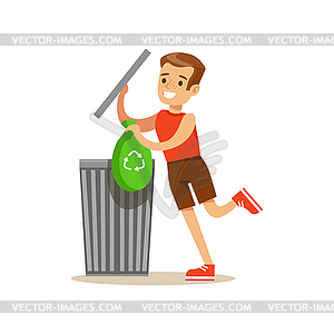 Boy Throwing Away Recycling Waste In Bin Bag Smilin - vector clip art