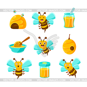 Honey Bees, Beehives And Jars With Yellow Natural - vector image