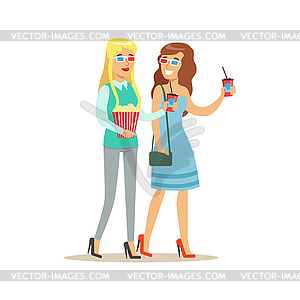 Two Girlfriends Going To Cinema With 3D Glasses - royalty-free vector clipart