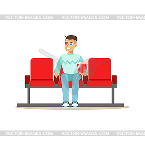 Guy Watching Movie Alone In Cinema In 3D Glasses, - vector clipart