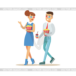 Couple With 3D Glasses And Popcorn Entering Cinema - vector image