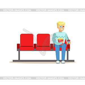 Blond Guy Sitting In Cinema Room Alone With 3D - vector clipart