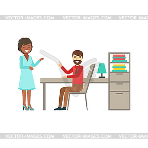 Man And Woman Colleagues Chatting , Coworking In - royalty-free vector clipart