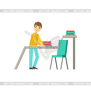 Intern Ranging Folders At Desk, Coworking In - vector clipart / vector image