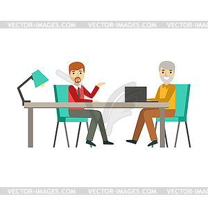 Colleagues Discussing Work At Table, Coworking In - vector image