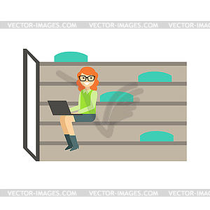 Woman With Lap Top Sitting On Steps With Bin Bags, - vector image