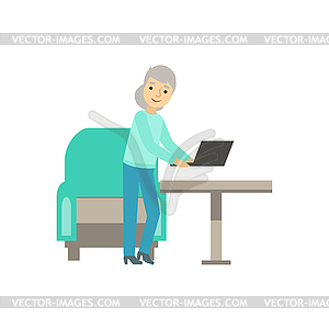 Old Lady Placing Lap Top On Table, Coworking In - vector clipart