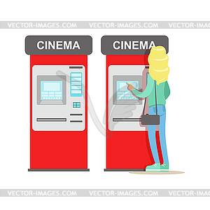 Woman Buying Tickets In Cinema Automatic Vending - vector clip art