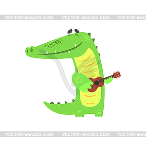 Crocodile Playing Guitar, Humanized Green Reptile - vector clipart