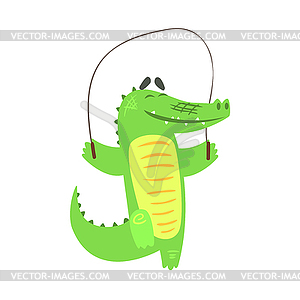 Crocodile Jumping Skipping Rope, Humanized Green - vector clip art