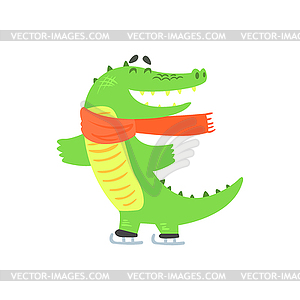 Crocodile Ice Skating, Humanized Green Reptile - vector clipart