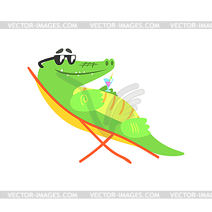 Crocodile Sunbathing On Sunbed With Cocktail, - vector clip art