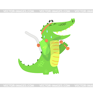 Crocodile With Dumbbells Exercising In Gym, - vector clipart