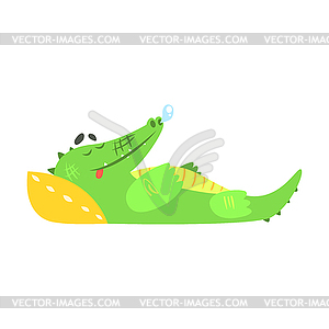 Crocodile Sleeping With Pillow, Humanized Green - vector image