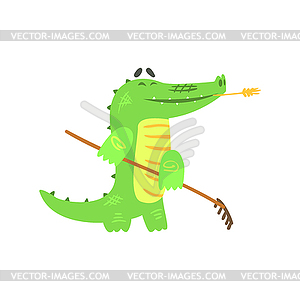 Crocodile Gardening With Rake, Humanized Green - vector clip art