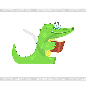 Crocodile Reading Book , Humanized Green Reptile - vector clipart / vector image