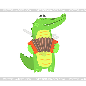 Crocodile Playing Accordion, Humanized Green Reptil - vector image