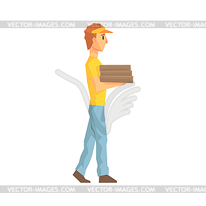 Guy Carrying Pile Of Pizza Boxes, Delivery Company - color vector clipart