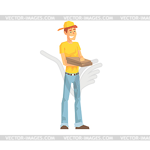 Smiling Guy With Pizza Box, Delivery Company - vector clip art