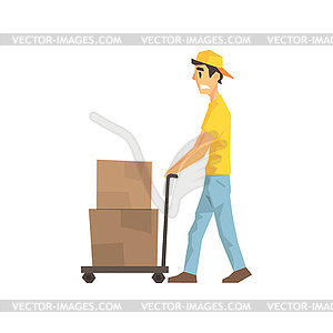 Cautious Worker With Cart An Boxes, Delivery Compan - vector image