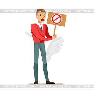 Man In Cardigan And Tie Marching In Protest With - color vector clipart