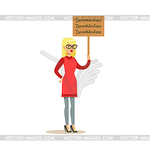Blond Woman In Red Dress Marching In Protest With - vector clip art