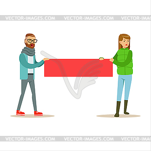 Young Hipster Couple Marching In Protest With - vector clipart