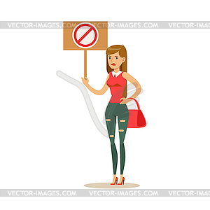 Woman In Ripped Jeans On Heels Marching In Protest - color vector clipart