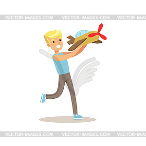 Boy And Plane Model, Creative Child Practicing - vector image