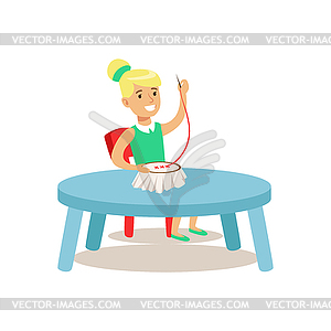 Girl Doing Needlework, Creative Child Practicing - vector clip art