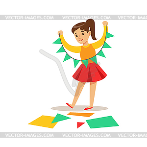 Girl Doing Paper Garland, Creative Child - vector image