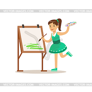 Girl Painting, Creative Child Practicing Arts In Ar - vector clip art