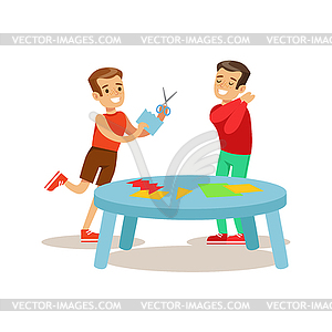 Boys Making Applique, Creative Child Practicing Art - color vector clipart