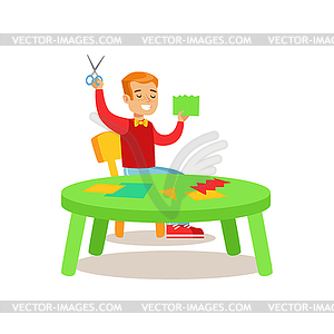 Boy Doing Applique, Creative Child Practicing Arts - vector clip art