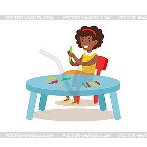 Girl Sculpting Putty, Creative Child Practicing Art - vector image