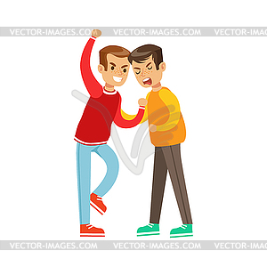 Two Boys Fist Fight Positions, Aggressive Bully In - vector clipart