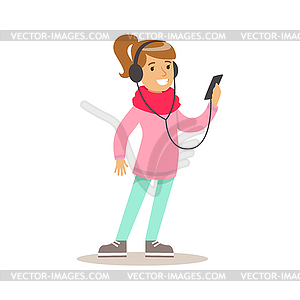 Girl With Headphones And Smartphone, Child And - vector clipart