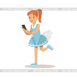 Girl With Ponytail And Smartphone, Child And - vector clipart