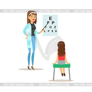 Girl On Medical Eyesight Check-Up With Female - vector clip art