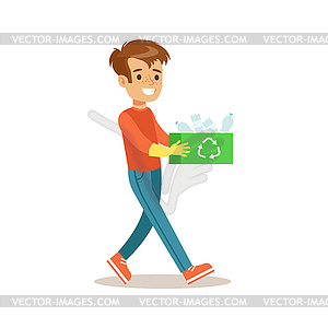 Boy Carrying Box Of Recycle Plastic Helping In - vector clipart