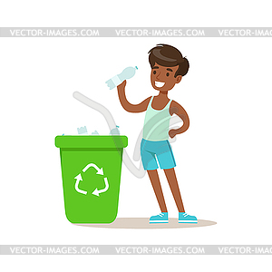 Boy Throwing Recycle Plastic Botlles In Trash Bin - royalty-free vector image